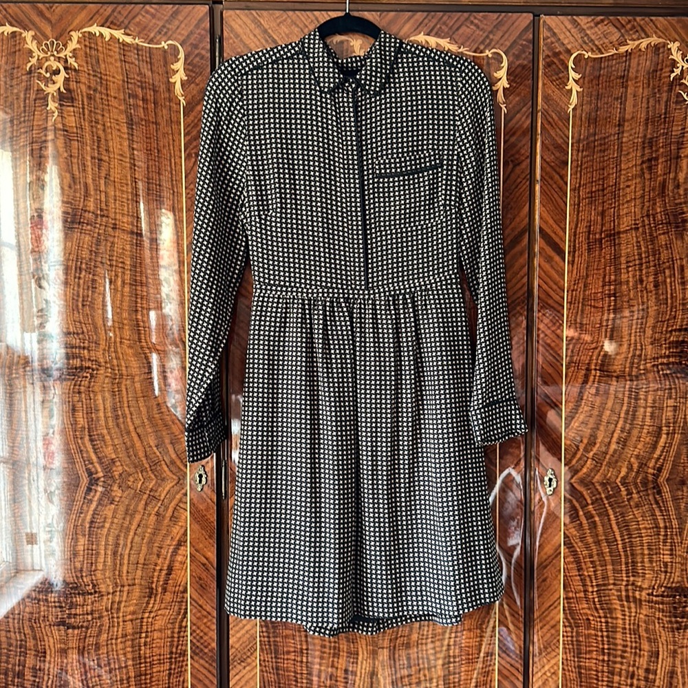 Madewell Silk Houndstooth Shirtdress Black Camel Size 2 NWT